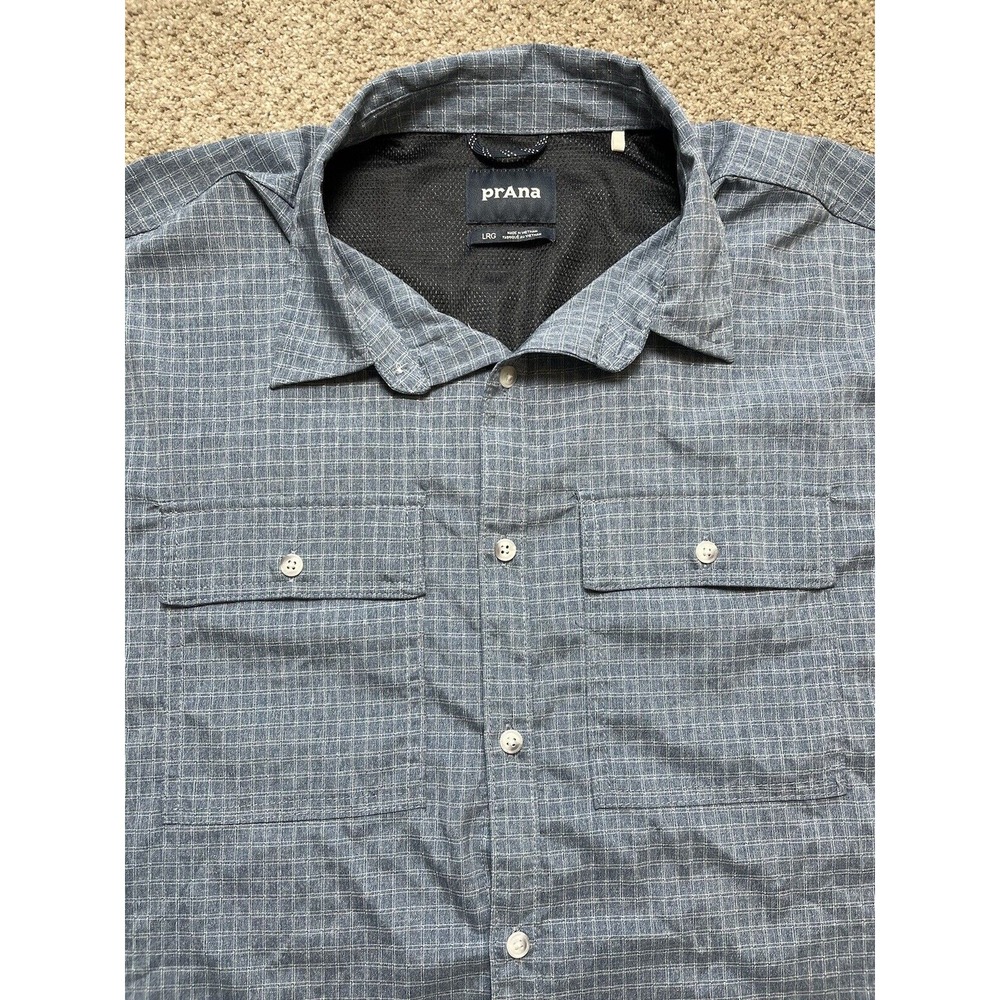 Prana Mens Large Long Sleeve Button Up Shirt Vented Lightweight Blue/White Check